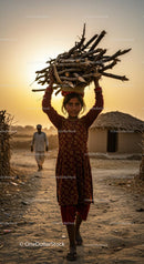 Young Girl Carrying Firewood at Sunset in Rural Village