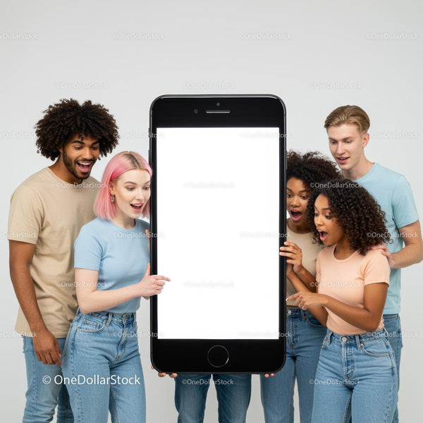 Diverse Group with Large Smartphone Display JPG Mockup Image