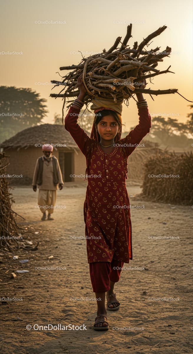Young Girl in Traditional Dress Carrying Firewood in Village