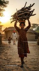 Young Girl Carrying Firewood in Rural Village at Sunset