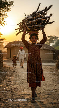 Young Girl Carrying Firewood in Rural Village at Sunset