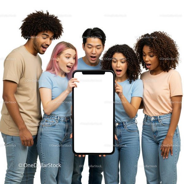 Diverse Friends Admiring a Giant Smartphone Display JPG Mockup Image