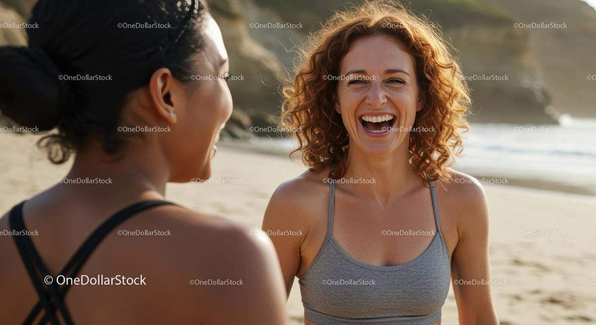 Joyful Women Sharing Laughter on a Sunny Beach