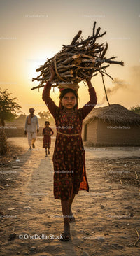 Young Girl Balancing Firewood at Sunset in Rural Village