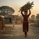 Young Girl Carrying Firewood in a Rural Village at Sunset