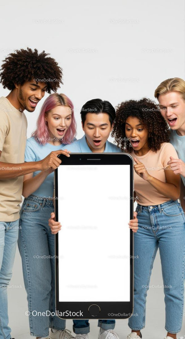 Excited Diverse Group with Large Smartphone Display JPG Mockup Image