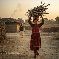Young Girl Carrying Firewood in a Rural Village at Sunset