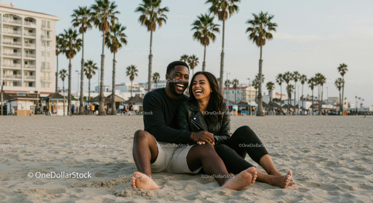 Happy Couple Relaxing on a Sandy Beach with Palm Trees
