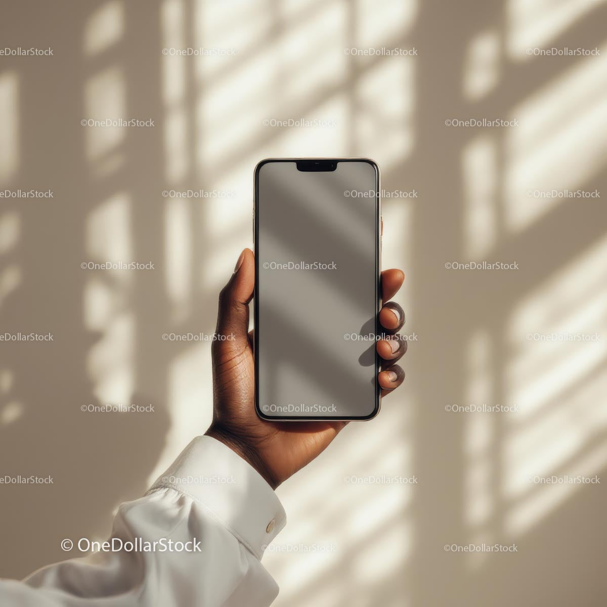 Ręka trzymająca smartfon z pustym ekranem w świetle słonecznym