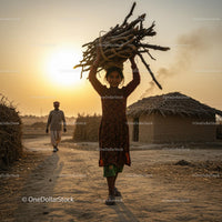Girl Carrying Wood in a Rural Village at Sunset