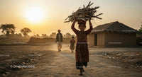Rural Children at Sunset Carrying Firewood in Traditional Village