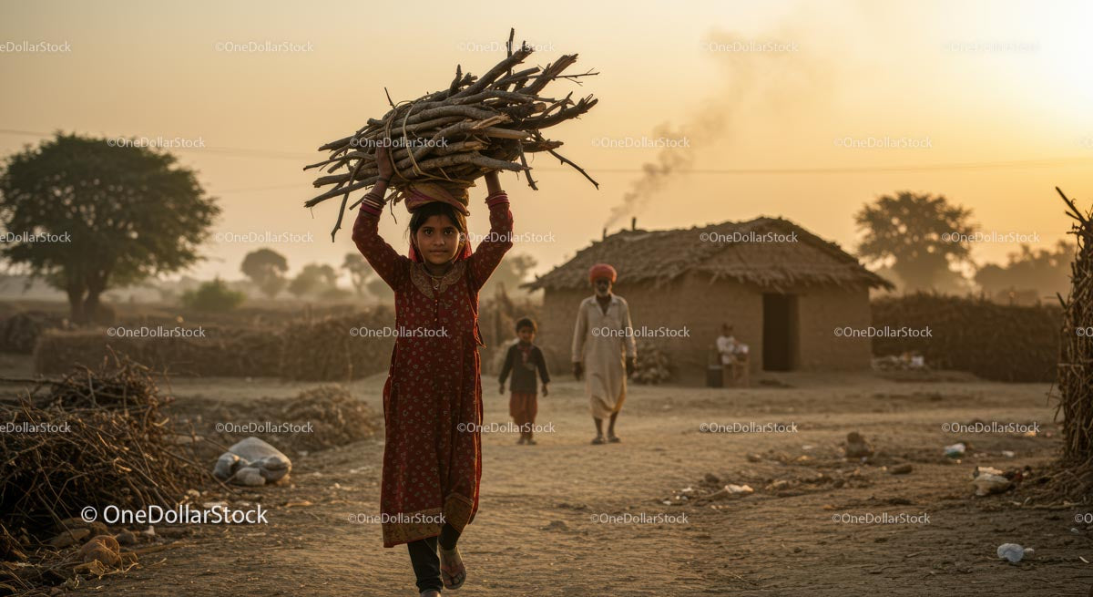 Child Carrying Firewood in Rural Village at Sunset