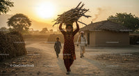 Woman Carrying Firewood in Indian Village at Sunset