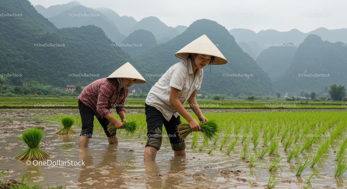 Asian Farmers Planting Rice in Verdant Mountain Valley