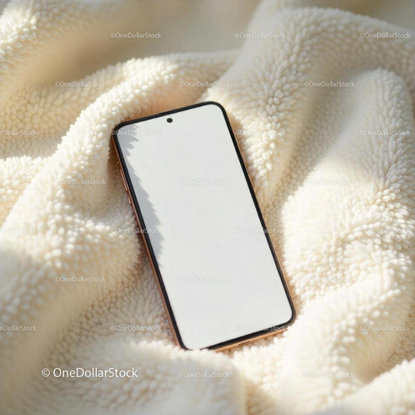 Smartphone on a Soft Cream Blanket JPG Mockup Image