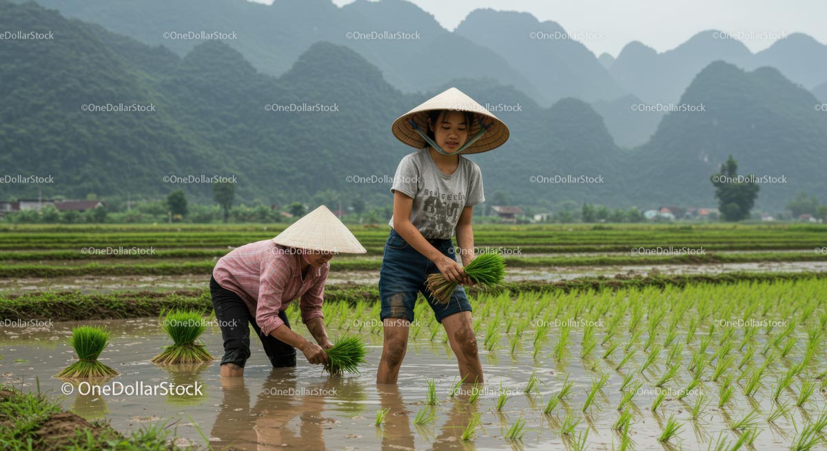 Farmers Planting Rice in Scenic Mountain Landscape