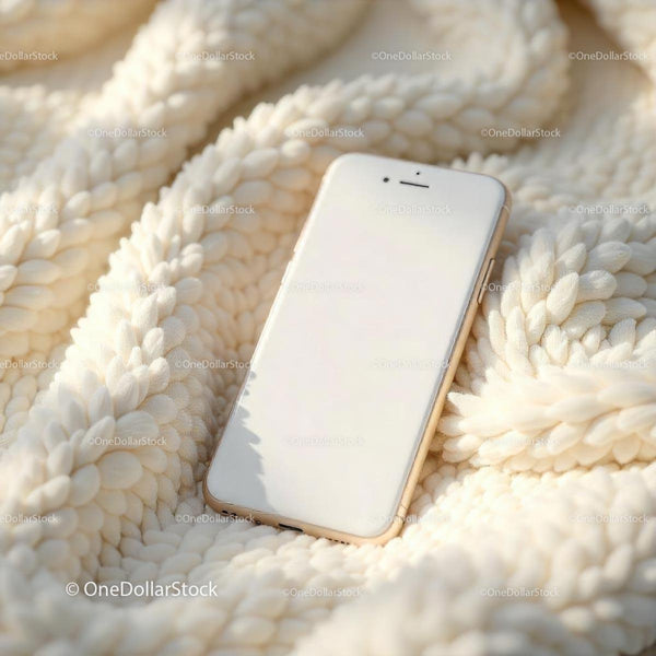 Smartphone Resting on a Cozy Knitted Blanket JPG Mockup Image