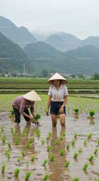 Women Planting Rice in Verdant Asian Landscape