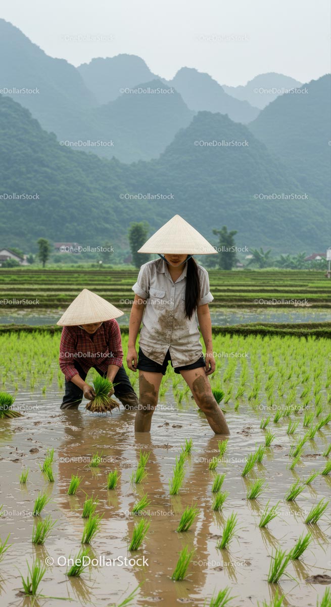 Traditional Rice Planting in Vietnam's Lush Fields