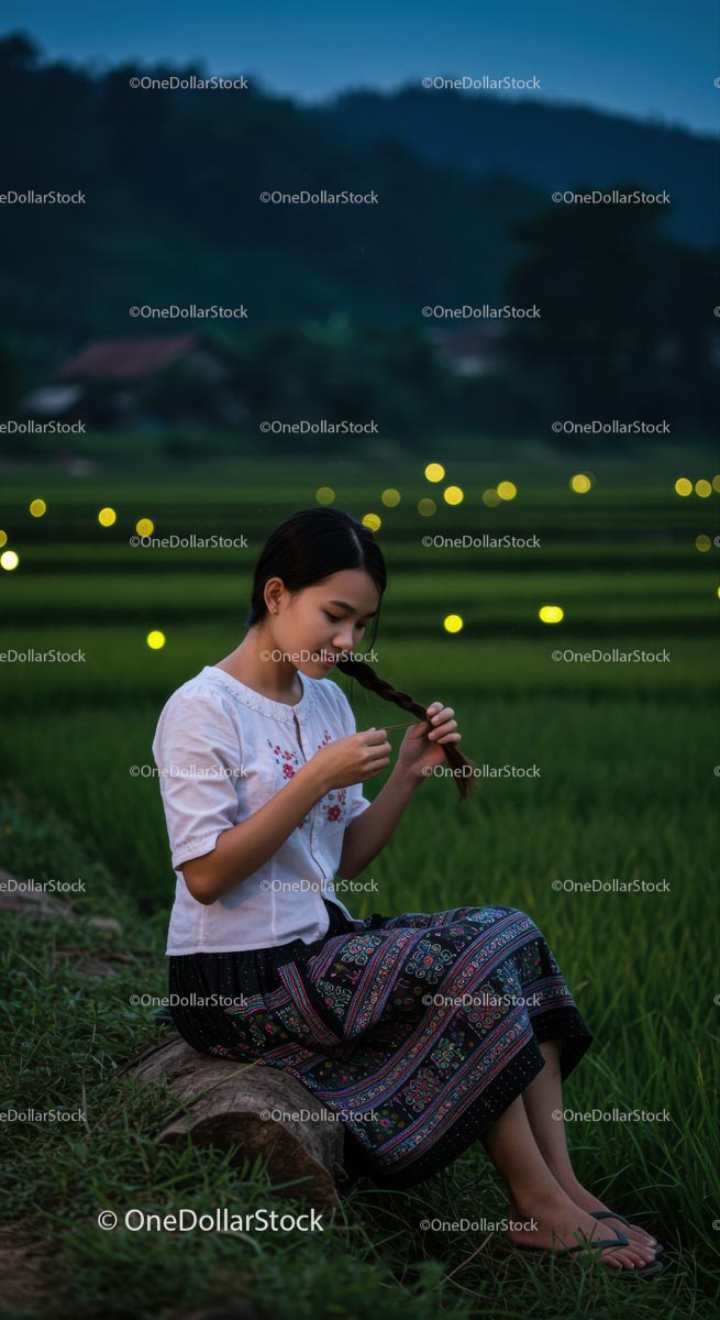 Traditional Asian Woman Braiding Hair in Rice Fields