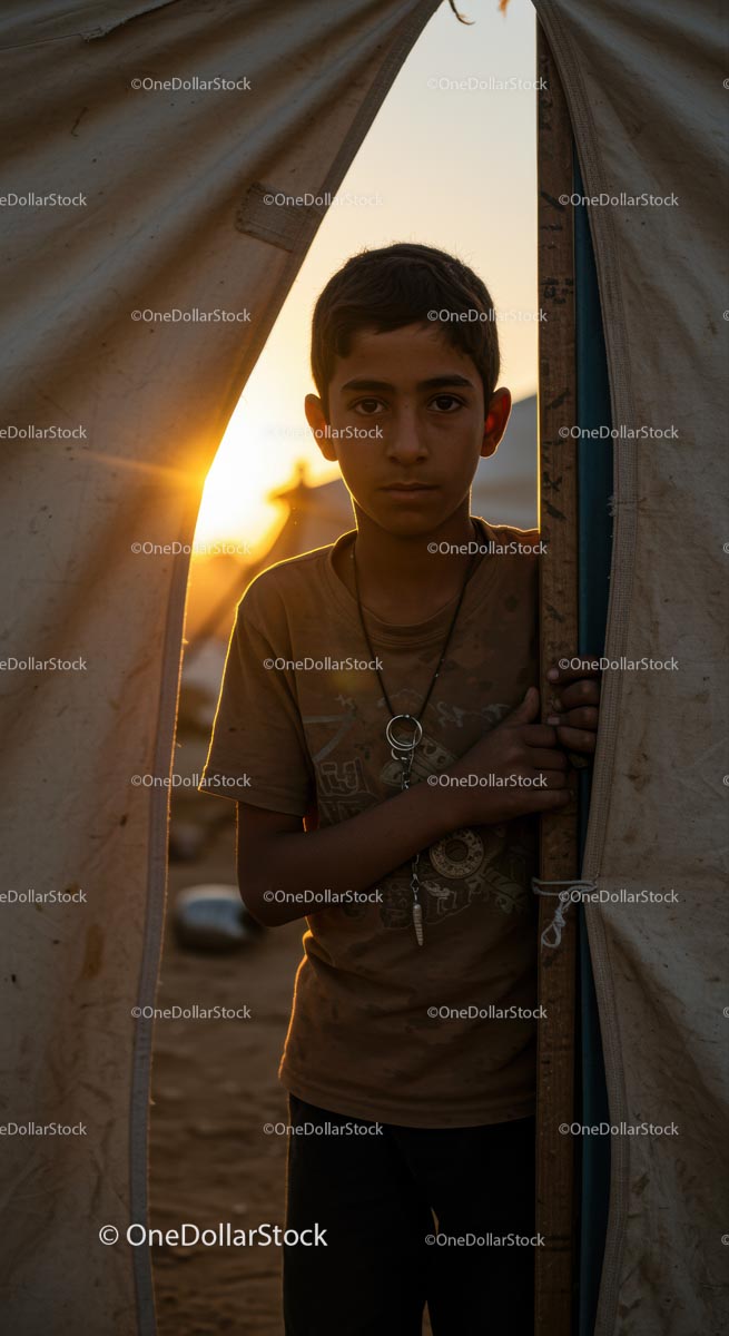 Boy Standing in Tent Doorway at Sunset