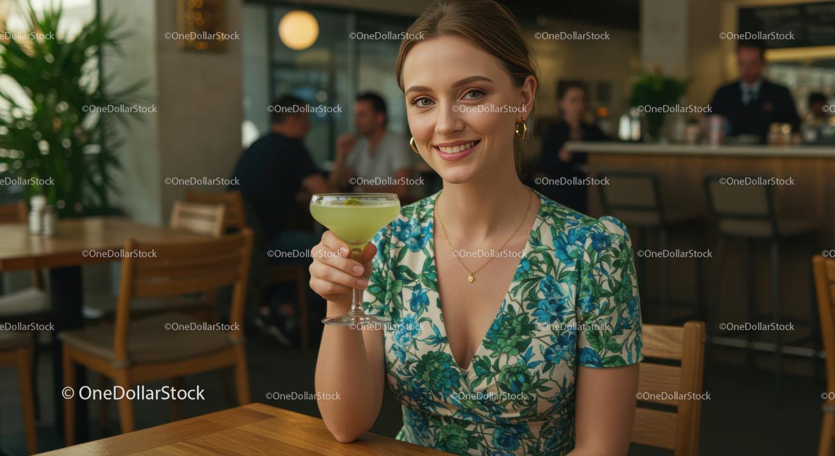 Young Woman Enjoying a Cocktail in a Cozy Café