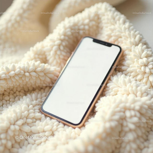 Smartfon na miękkim beżowym kocu dla przytulnej domowej atmosfery