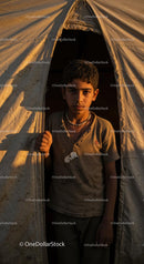 Boy Standing at Tent Entrance in Warm Evening Light