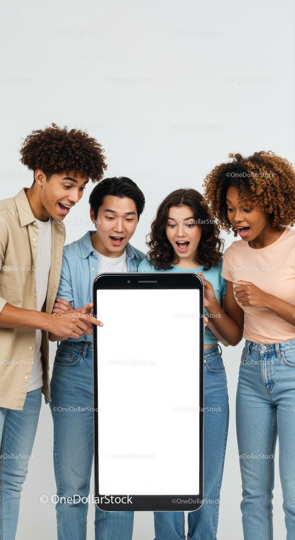 Różnorodna Grupa Przyjaciół Zafascynowana Ekranem Smartfona