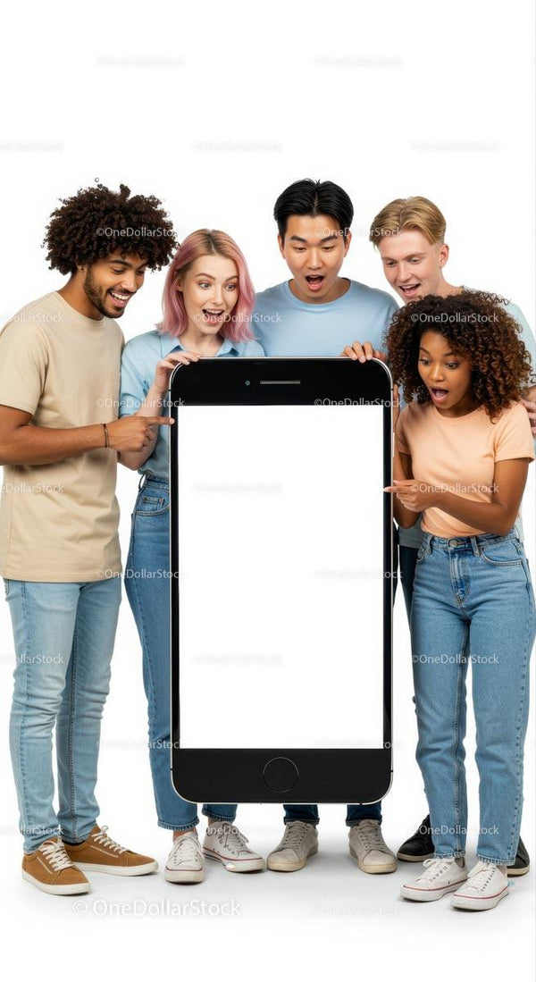 Diverse Group Excited by Large Smartphone Display JPG Mockup Image