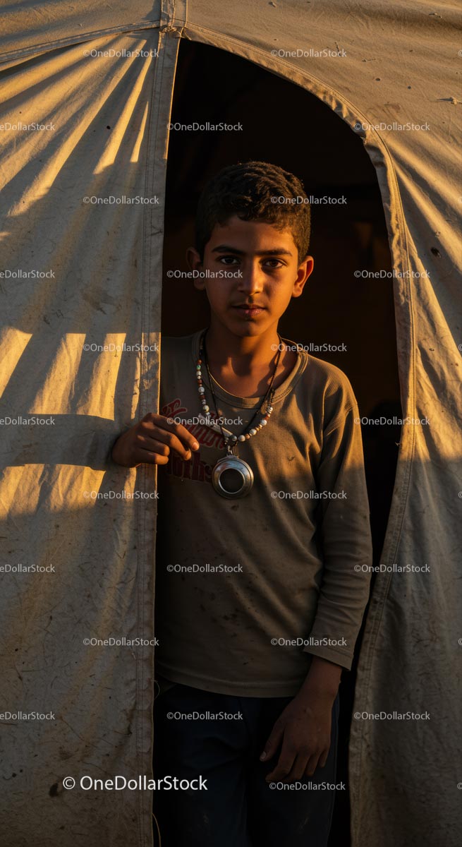 Boy Standing in Tent Entrance Illuminated by Warm Evening Light