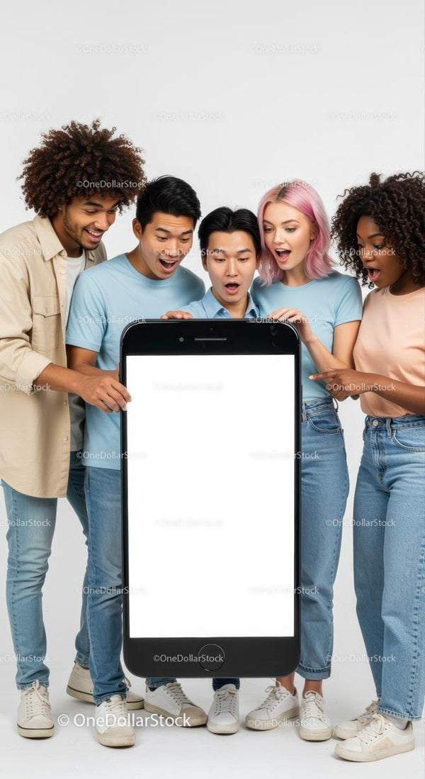 Diverse Group Excited by Large Smartphone Innovation JPG Mockup Image