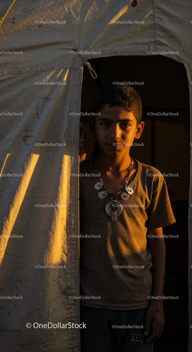 Boy Standing in Tent Doorway at Sunset