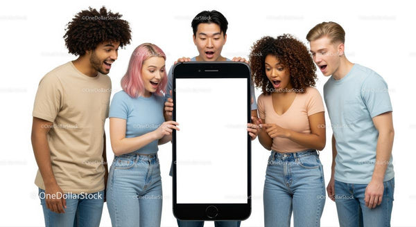Diverse Group Surprised by Blank Smartphone Screen JPG Mockup Image