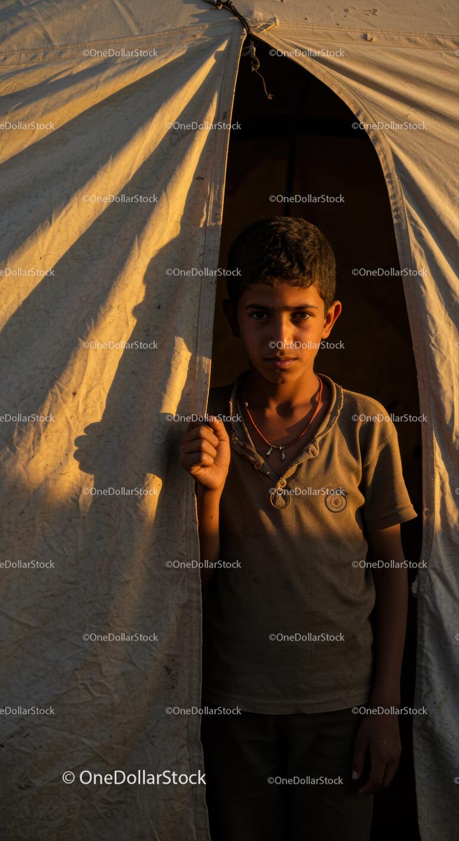 Young Boy Standing in Tent Entrance at Sunset