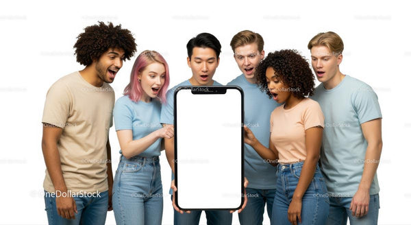Diverse Group Excited About Smartphone Innovation JPG Mockup Image