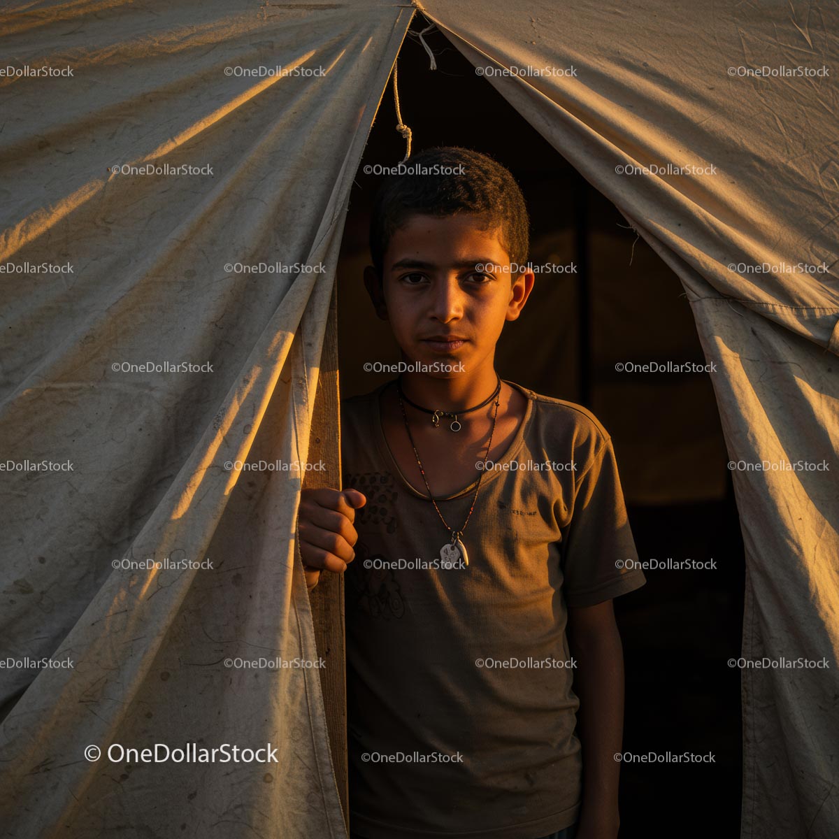 Young Boy Standing at Tent Entrance in Warm Evening Light