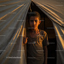 Young Boy Standing at Tent Entrance in Warm Evening Light