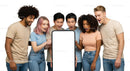 Excited Group Viewing Smartphone with Blank Screen
