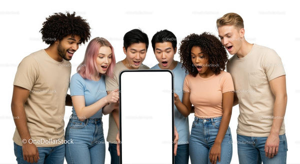 Podekscytowana grupa oglądająca smartfon z pustym ekranem
