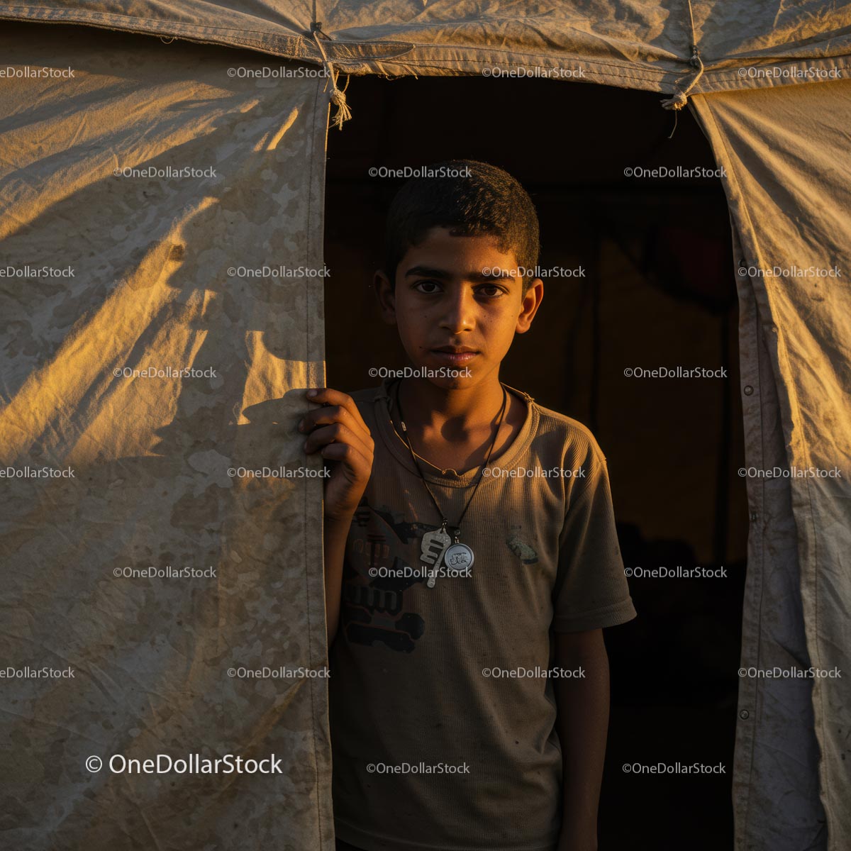 Boy Standing in Camp Tent Bathed in Golden Sunset Light