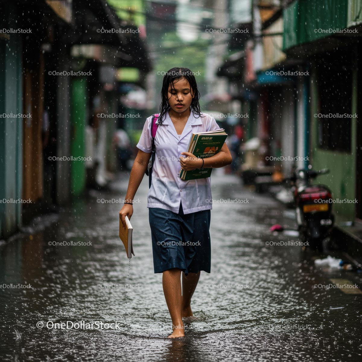 Schoolgirl Braving Rainy Streets in Urban Setting