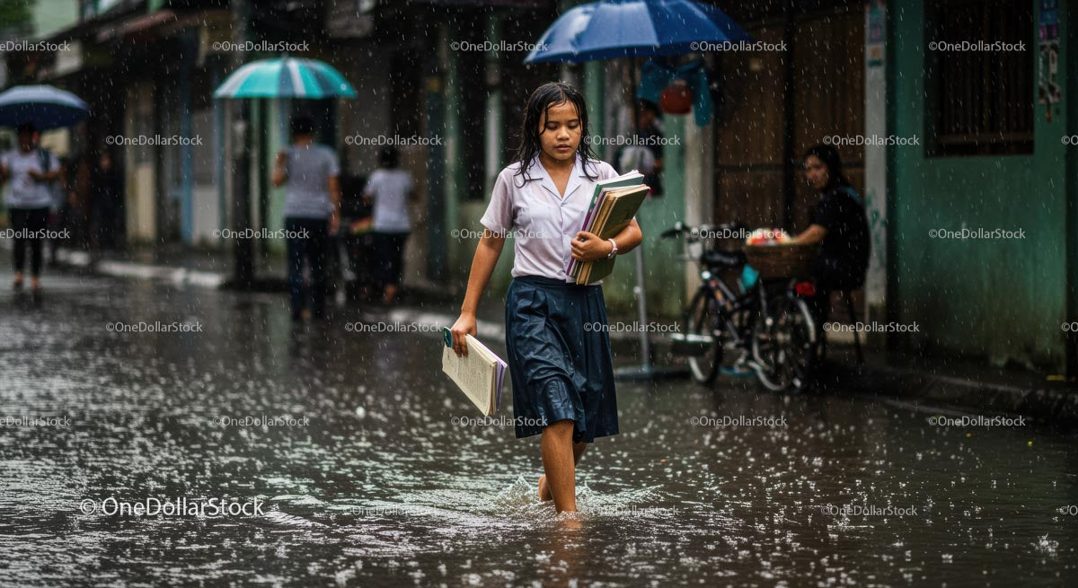 Schoolgirl Walking Through a Flooded Street in the Rain