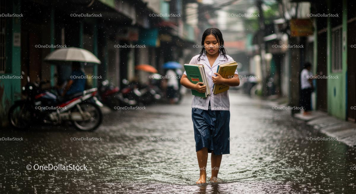 Schoolgirl Walking Through Flooded Urban Street in Rain