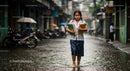 Schoolgirl Walking Through Flooded Urban Street in Rain