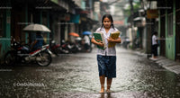 Schoolgirl Walking Through Flooded Urban Street in Rain