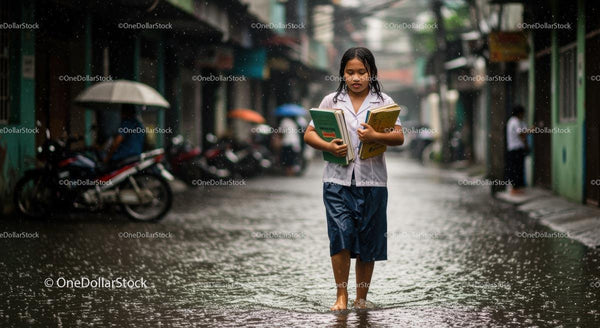 Schoolgirl Walking Through Flooded Urban Street in Rain