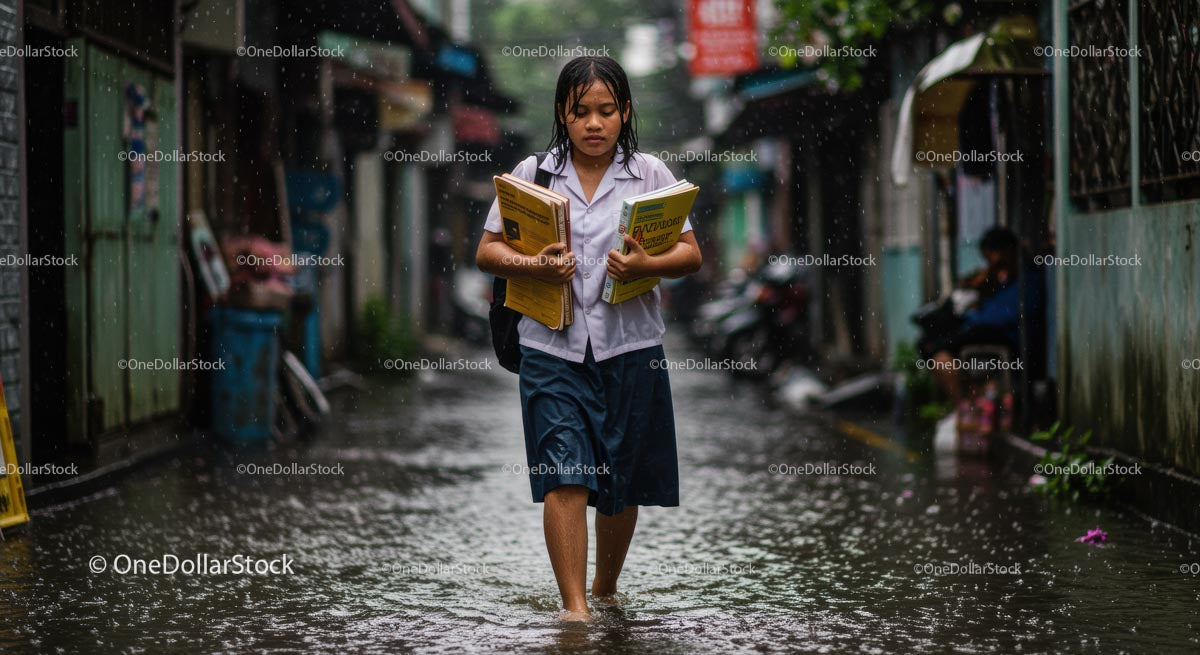 Determined Schoolgirl Walks Through Flooded Street in Rain