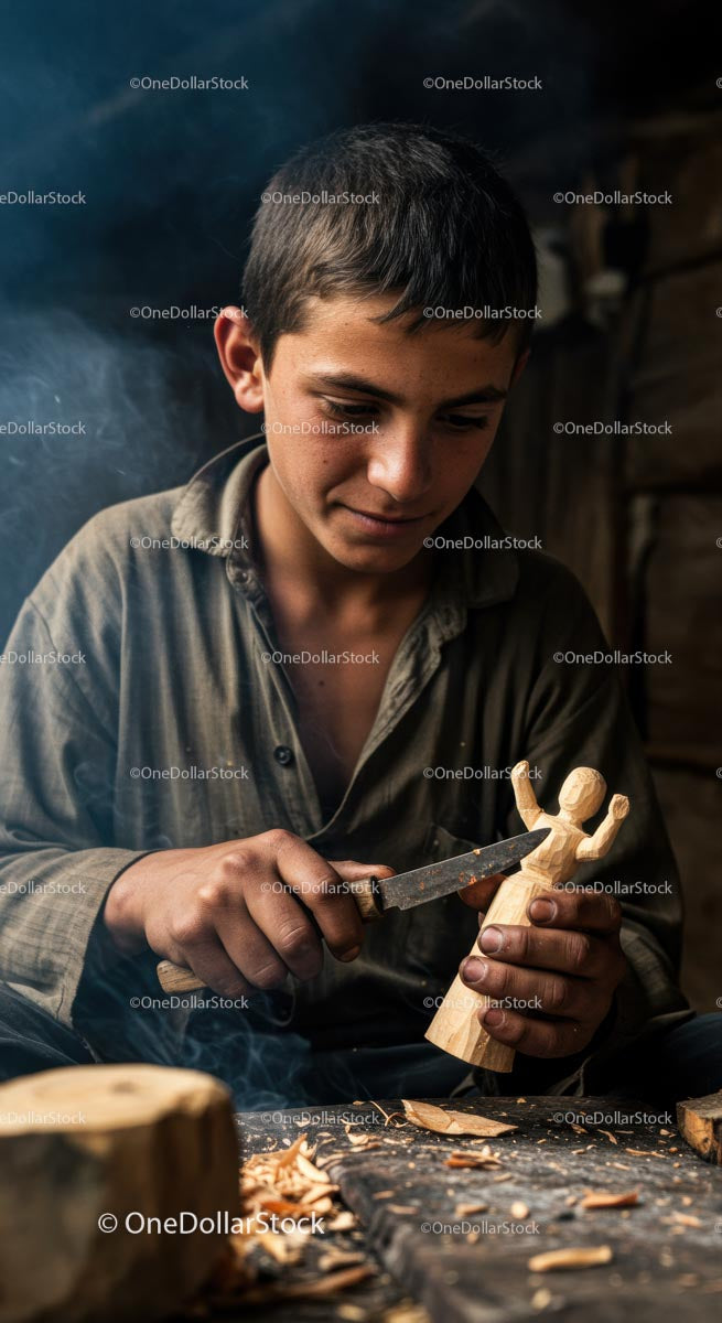 Young Artisan Carving Wooden Figure with Precision