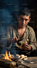 Young Craftsman Carving Wooden Figures by Firelight